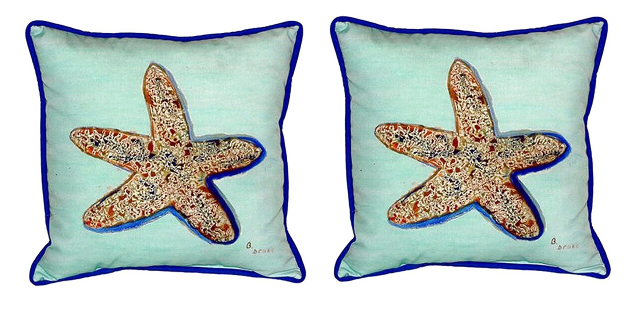 Pair of Betsy Drake Starfish - Teal Indoor/Outdoor Pillows 12 X 12
